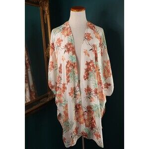 Maurices White & Orange Tropical Floral Print Open Kimono One Size Beachy Sheer